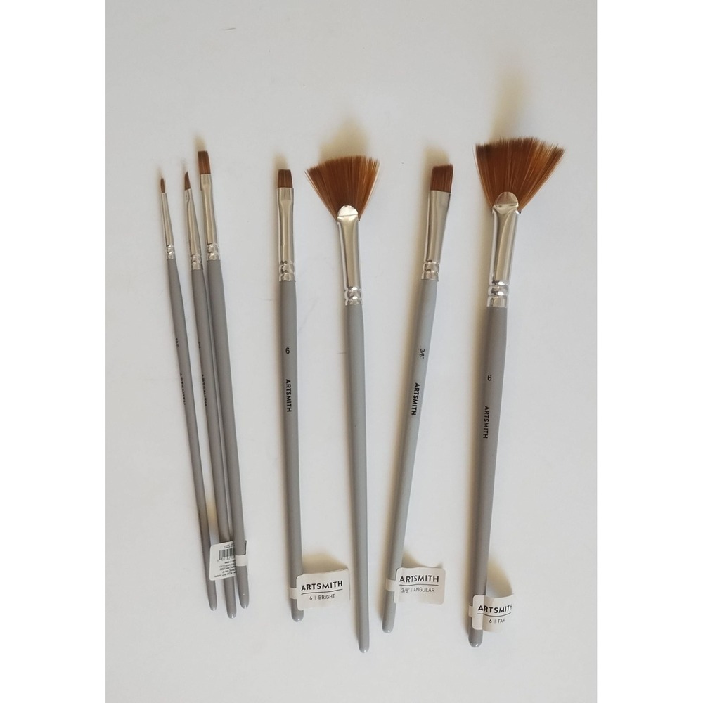 Artsmith Paint Brush Set 7pc Fan Angular Bright Detail Grey Synthetic Bristles